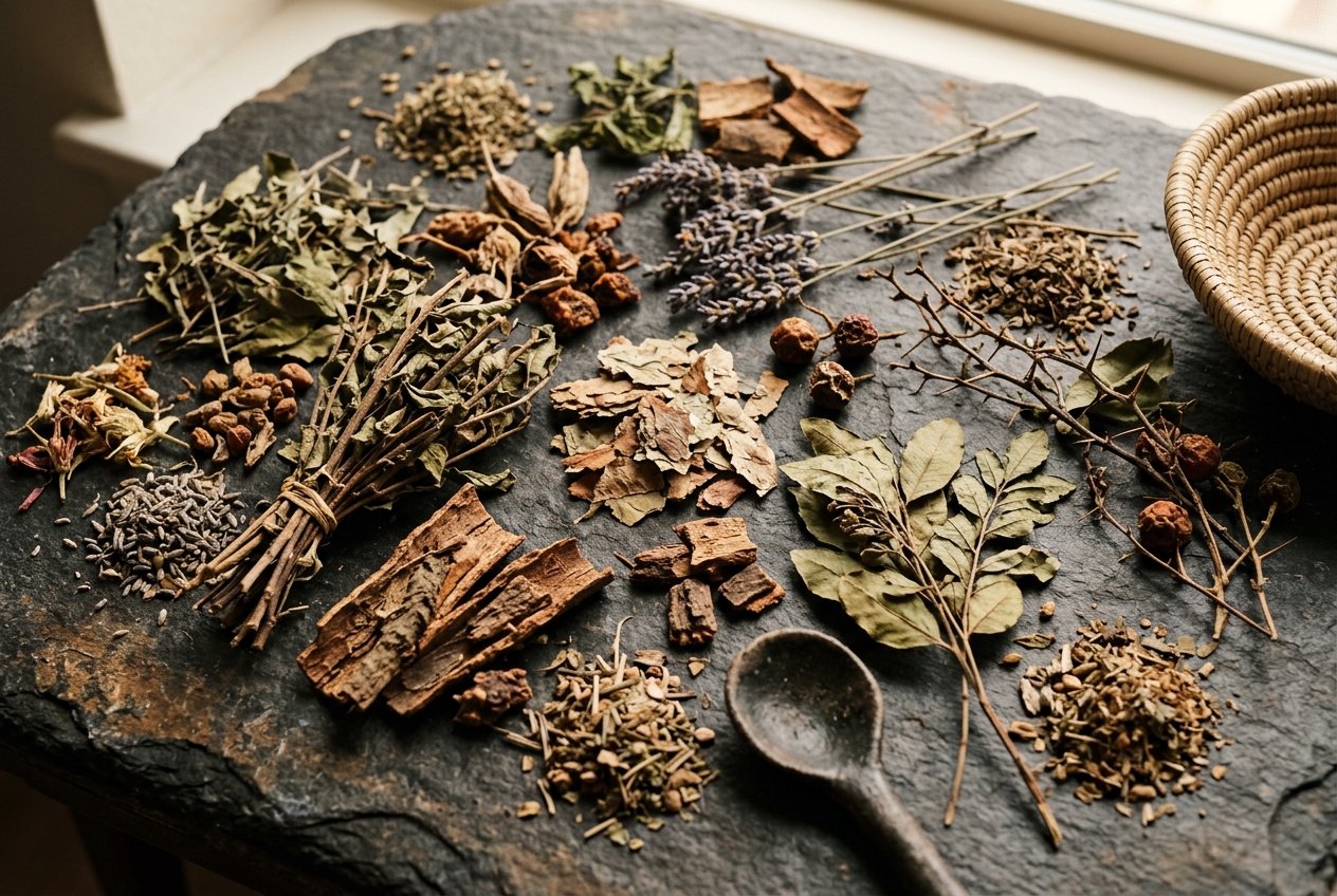Dried aromatic plant materials and botanicals from Somaliland on stone surface