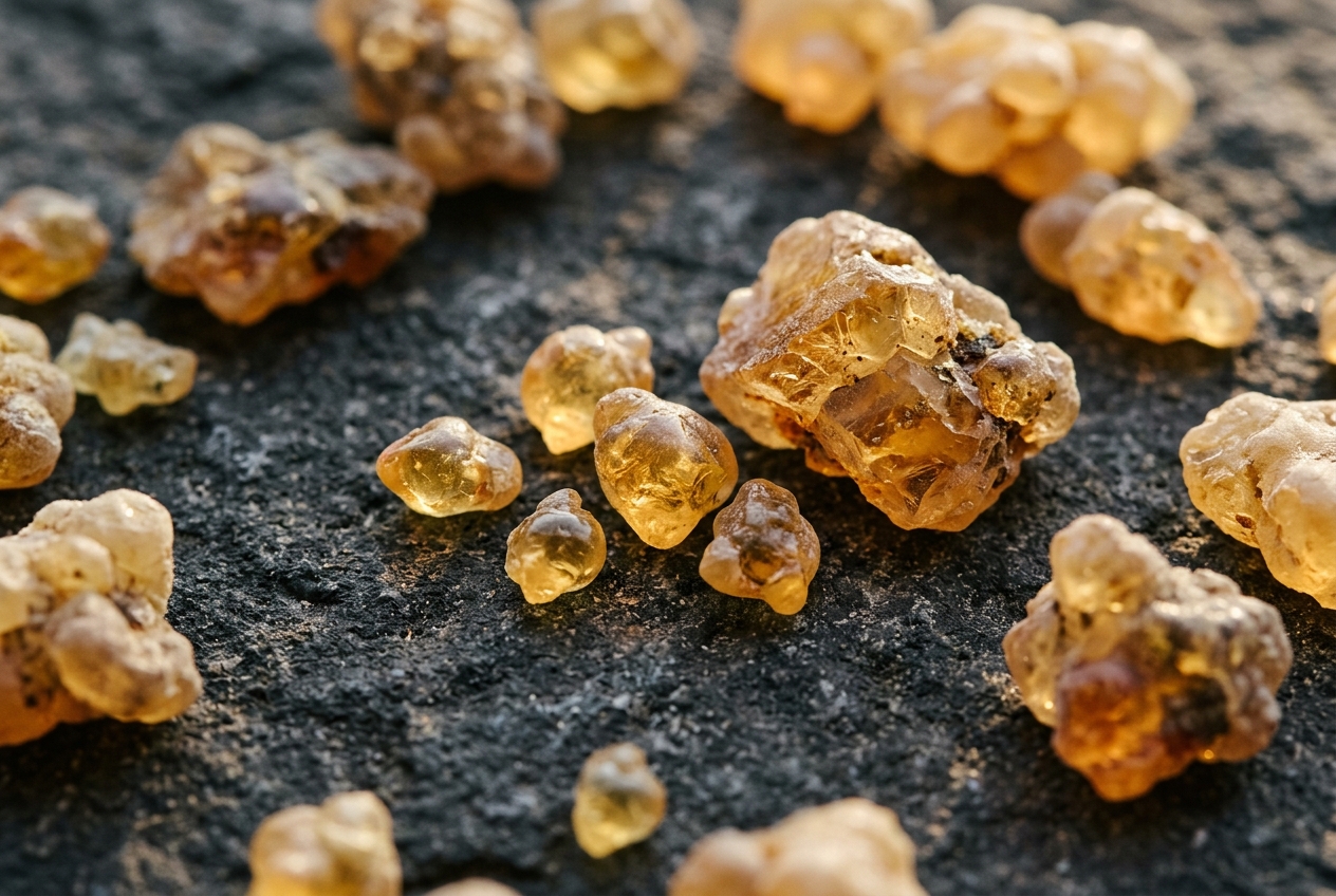 Premium raw Somali frankincense resin — Boswellia frereana (Maydi) and Boswellia carterii tears on stone