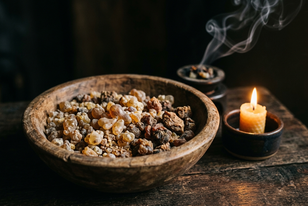 Natural raw incense resin tears in a wooden bowl with candlelight