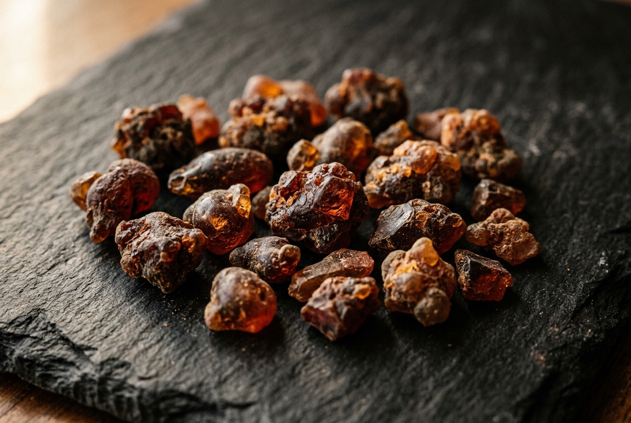 Authentic raw myrrh resin (Commiphora myrrha) chunks on slate