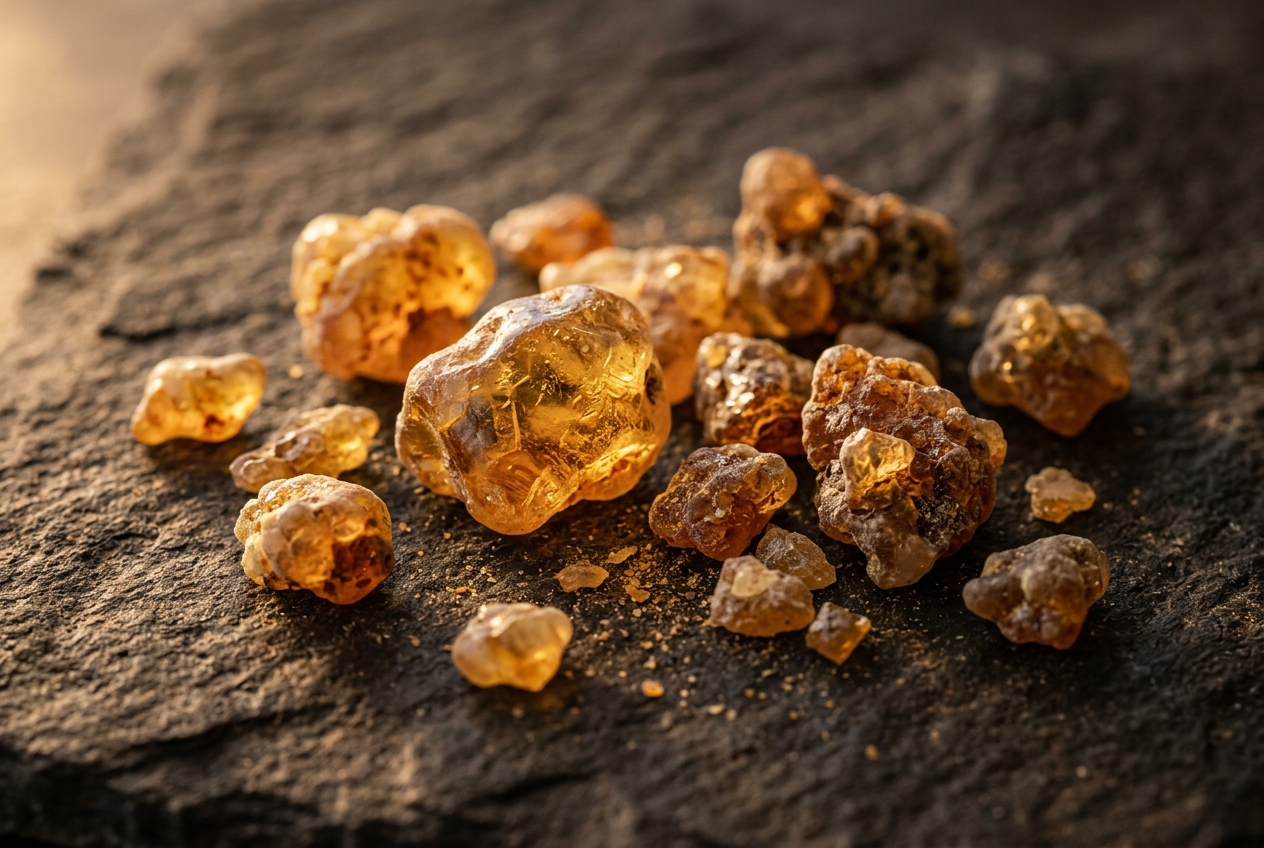 Opoponax aromatic gum resin — honey-gold pieces on dark stone